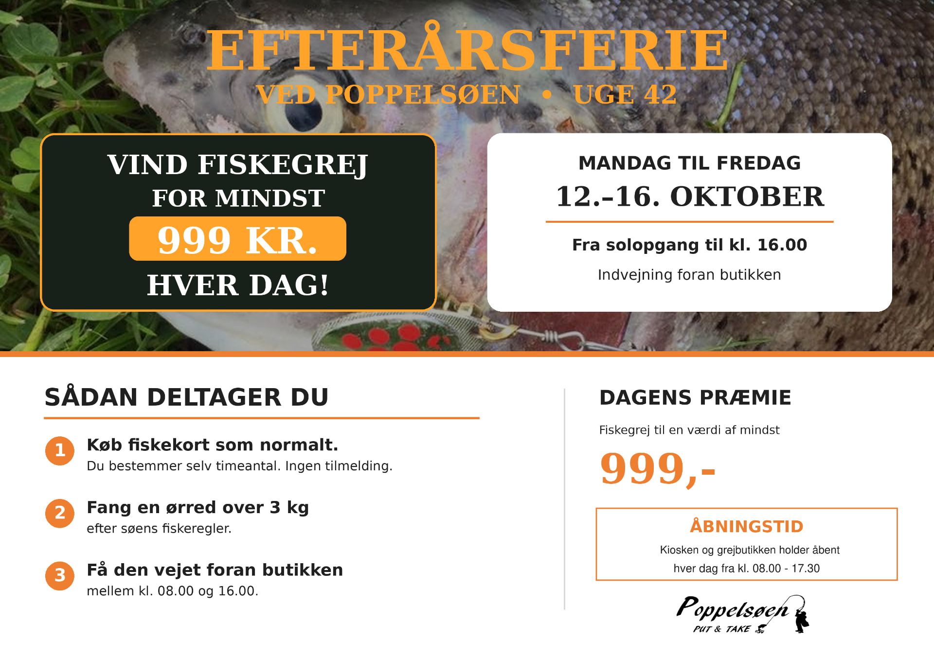 Efterårsferie ved Poppelsøen i uge 42, 12.-16. oktober – vind fiskegrej for mindst 999 kr. hver dag